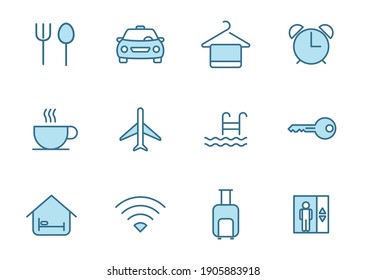 hotel flat vector icons in two colors isolated on white background. hotel blue icon set for web design, ui, mobile apps and print