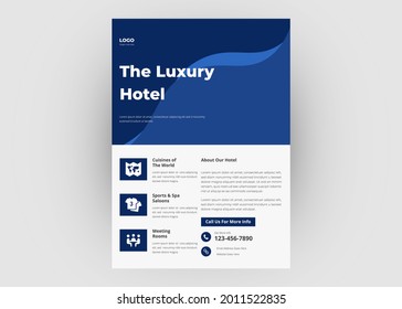 Diseño del volante del hotel. Plantilla del folleto del folleto de promoción del hotel. Diseño de plantillas de póster de vacaciones.