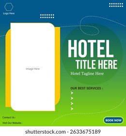 Anuncio abstracto del ilustrador del volante del hotel. Disfrute de vacaciones en el lujoso Anuncio de redes sociales del hotel.