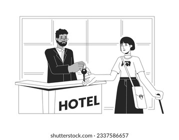 Hotel Rezeption Check-in bw Vektorgrafik. Concierge gibt den Schlüssel zu weiblichen Hotelgast 2D Cartoon flache Linie monochromatische Zeichen für Web UI-Design. Bearbeitbares Einzelbild-Heldenbild