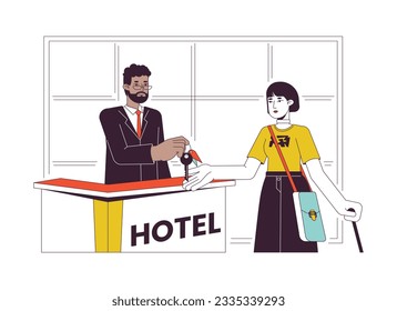 Hotel front desk check in flat line vector spot illustration. Concierge giving key to female hotel guest 2D cartoon outline characters on white for web UI design. Editable isolated colorful hero image