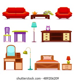 Hotel furniture set with sofa and coffee table vanity and wooden bed floor lamps isolated vector illustration