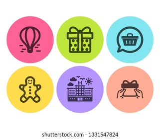 Hotel, Gingerbread man and Gift box icons simple set. Shopping cart, Air balloon and Give present signs. Travel, Christmas cookie. Holidays set. Flat hotel icon. Circle button. Vector