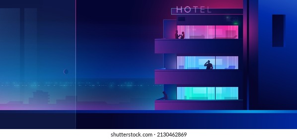 Hotel glowing at night with bright neon illumination background.