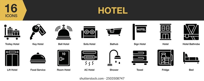 Hotel Glyph conjunto de iconos. Incluye llave de hotel, bañera, ducha, sofá, carro y más. Colección de Vector de iconos sólidos.