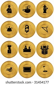 Hotel Gold Coin Icon Set : Collection of hotel and spa resort themed objects in a simplified style.