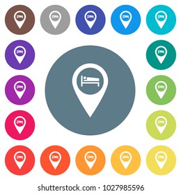 Hotel GPS map location flat white icons on round color backgrounds. 17 background color variations are included.