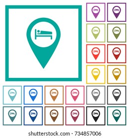 Hotel GPS map location flat color icons with quadrant frames on white background