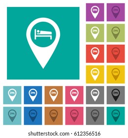 Hotel GPS map location multi colored flat icons on plain square backgrounds. Included white and darker icon variations for hover or active effects.