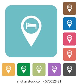 Hotel GPS map location white flat icons on color rounded square backgrounds