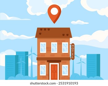 Hotel with gps pin. Place for travelers and tourists. Holiday and vacation. Navigation and geolocation. Travel destination. Flat vector illustration isolated on white background