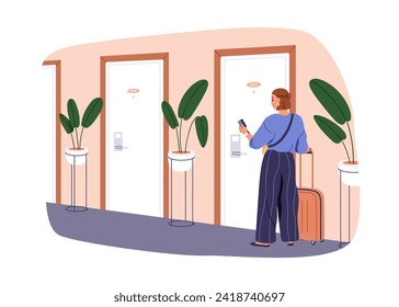 Hotel guest holding electronic sensor key card for opening unlocking door. Woman using privacy keycard identity for entering room. Flat graphic vector illustration isolated on white background