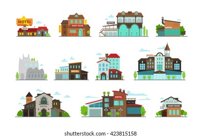 Hotel guest house hostel set of different buildings