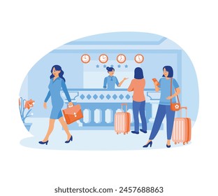 Hotel guests check into the hotel. The receptionist served in a friendly manner. Hotel Receptionist concept. Flat vector illustration.