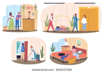 Hotel guests. Tourists room accommodation, check-in at reception hospitality service staff manager people luggage lobby travel booking holiday vacation classy vector illustration original artwork
