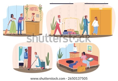 Hotel guests. Tourists room accommodation, check-in at reception hospitality service staff manager people luggage lobby travel booking holiday vacation classy vector illustration original artwork