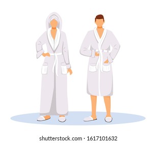 Hotel guests wearing bathrobes flat color vector illustration. Woman with towel on head and man. Couple in robes. People after shower isolated cartoon characters on white background