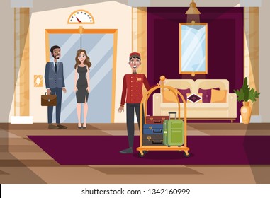 Hotel hall or corridor interior. Worker in uniform with baggage. Luxury furniture in the room. People stand at the elevator. Vector illustration in cartoon style