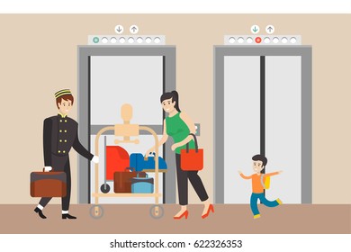 Hotel hall with elevator. Porter with luggage and residents.