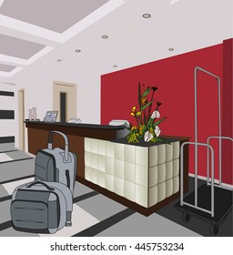 Hotel hall entrance reception with bags and cart vector scenario illustration