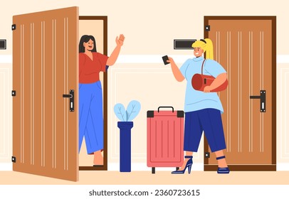 Hotel hallway concept. Woman in hall near doors. Tourists and travellers spending time together indoor. Young girls inside hotel with baggage and bags. Cartoon flat vector illustration