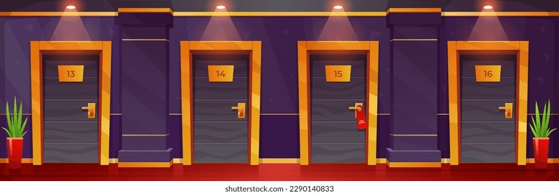 Hotel hallway corridor with apartment room door in building. Lobby interior with closed bedroom with lamp and light in motel aisle. Hostel or condominium illustration. Modern college campus design