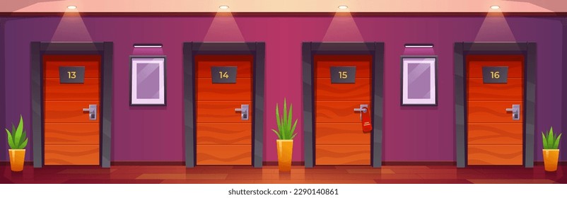 Hotel hallway corridor with apartment room door in building. Lobby interior with closed bedroom with lamp and light in motel aisle. Hostel or condominium illustration. Modern college campus design