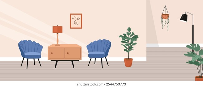 Hotel hallway. Home interior. Living room interior. Living room decoration. Sitting room. Potted plant. Floor lamp illustration. Bohemian living room illustration. Flat design. 