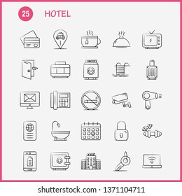 Hotel Hand Drawn Icons Set For Infographics, Mobile UX/UI Kit And Print Design. Include: Check In, Check Out, Door, Hotel, Mobile, Cell, Icon Set - Vector