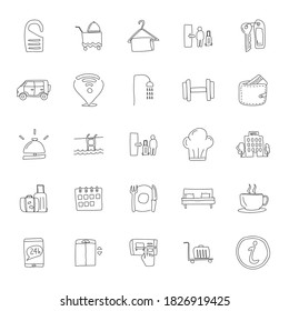 hotel hand drawn linear doodles isolated on white background. hotel icon set for web and ui design, mobile apps and print products