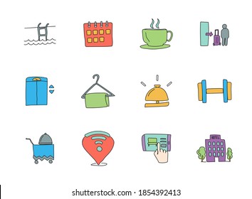 hotel hand drawn linear vector icons isolated on white background. hotel doodle icon set for web and ui design, mobile apps and print products