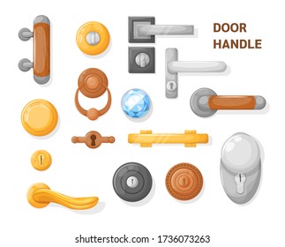 Hotel handle door room set. Door knobs with Do Not Disturb Sign. Doorknob handle to lock doors at home ofiice hotel room. Wooden, metal handles. Hotel warning messages for staff vector illustration