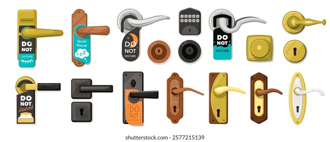 Hotel handle door room set. Door knobs vector icon