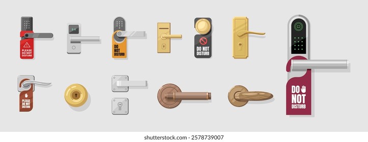 Hotel handle door room set. Door knobs vector icon