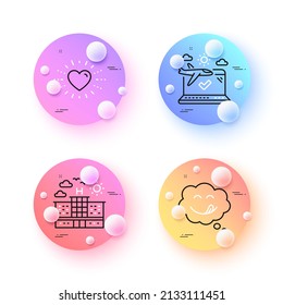 Hotel, Heart and Yummy smile minimal line icons. 3d spheres or balls buttons. Airplane travel icons. For web, application, printing. Travel, Love, Comic chat. Check in. Hotel line icon banner. Vector
