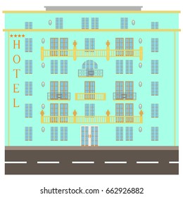 Hotel, helipad, icon hotel, reservation, recreation, building, helicopter. Flat design, vector illustration, vector.