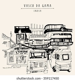 Hotel  Hindu temple   rickshaws in Vasco da Gama  Goa  India  Vector hand drawn postcard