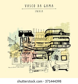 Hotel  Hindu temple   rickshaws in Vasco da Gama  Goa  India  Vintage hand drawn postcard in vector
