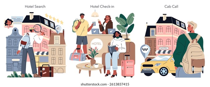 Hotel holiday set showcasing travelers searching for hotels, checking in, and hailing a cab in a vibrant cityscape.