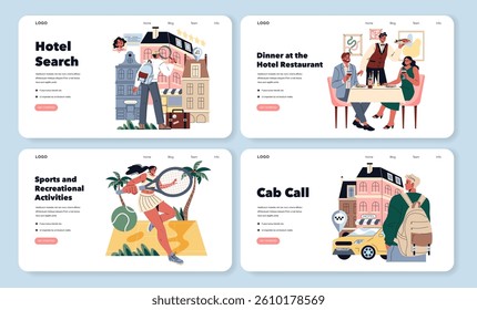 Hotel holiday vector set. Illustrations showcasing hotel search, dining, sports activities, and hailing a cab, creating a complete vacation experience.