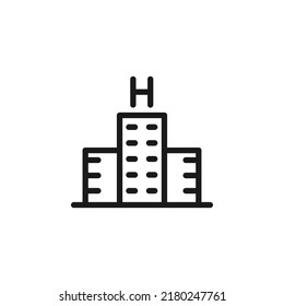 Hotel, holiday, weekend concept. Vector signs drawn in flat style. Perfect for web sites, stores, shops, books. Editable stroke. Line icon of modern hotel 