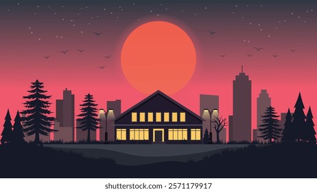 Hotel Home House Building Landscape with Cityscape and Full Moon in the Evening