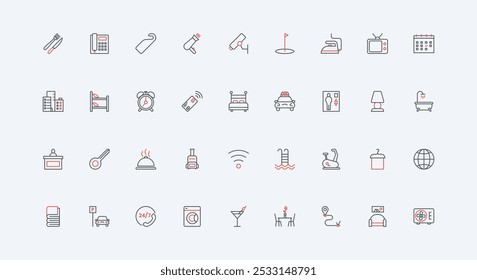 Hotel hospitality, accommodation and room service, reception and hostel line icon set. Bed and breakfast, restaurant food and key of apartment thin black and red outline symbols vector illustration