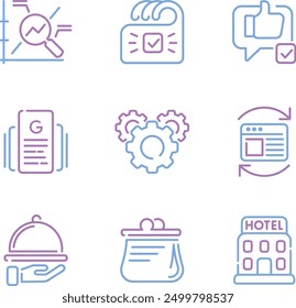 Hotel and Hospitality Icon Set - Line Art Style .This hotel and hospitality icon set features 9 unique line art style icons perfect for any travel, tourism, or hotel management project. 