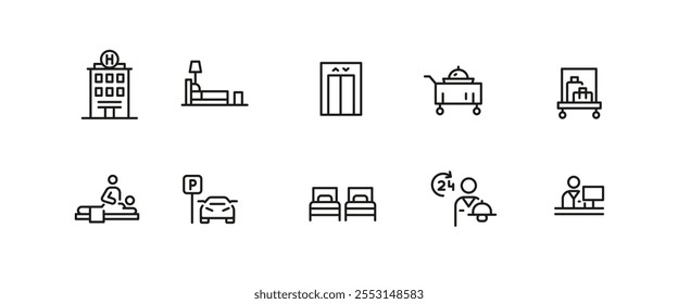 Ícones de hotel e hospitalidade. 10 de hotel e hospitalidade na moda ícones mínimos. Cama, Recepção, Carro, Bellhop ícone. Sinais de design para página da Web, aplicativo móvel, design de embalagem. Ilustração vetorial