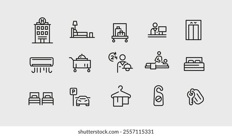 Hotel and hospitality icons. 15 of hotel and hospitality trendy minimal icons. Bed, Reception, Car, Bellhop icon. Design signs for web page, mobile app, packaging design. Vector illustration