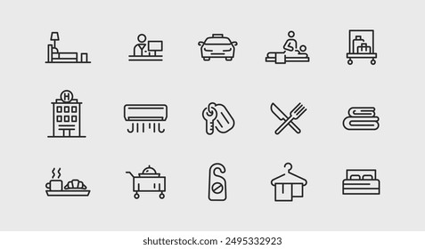 Hotel and hospitality icons. Large set of hotel and hospitality trendy minimal icons. Bed, Reception, Car, Bellhop icon. Design signs for web page, mobile app, packaging design. Vector illustration