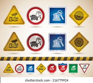 Hotel (hospitality Industry) Icons To Illustrate Miscellaneous Camping Features From Left To Right: Video Surveillance Of Hotel Lobby, Limousine Service, Place Of Interest, Casino.