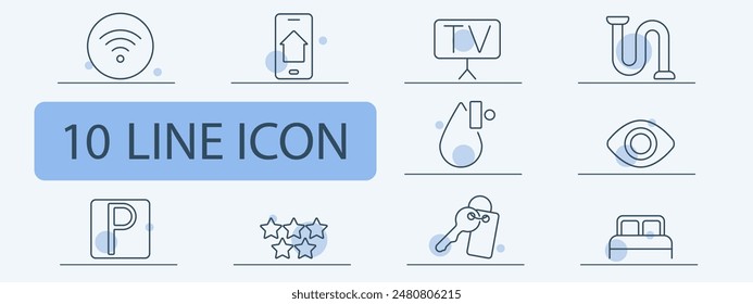 Hotel and hospitality line icons set. WiFi symbol, mobile phone with arrow, TV, plumbing, eye, parking sign, stars, key with tag, bed. Accommodation, service, amenities concept