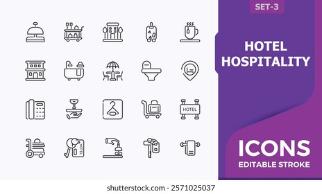 Hotel Hospitality line icons set. It contains symbols to parking, hospitality, break, pool, travel, single bed and more. Minimalistic icon. Vector outline icons collection.
